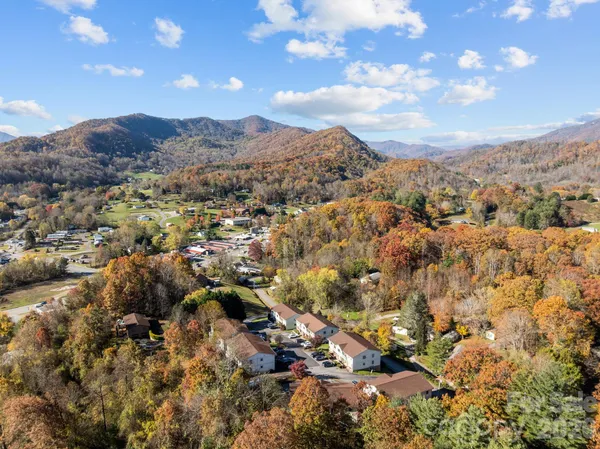 an aerial view of houses covered in trees