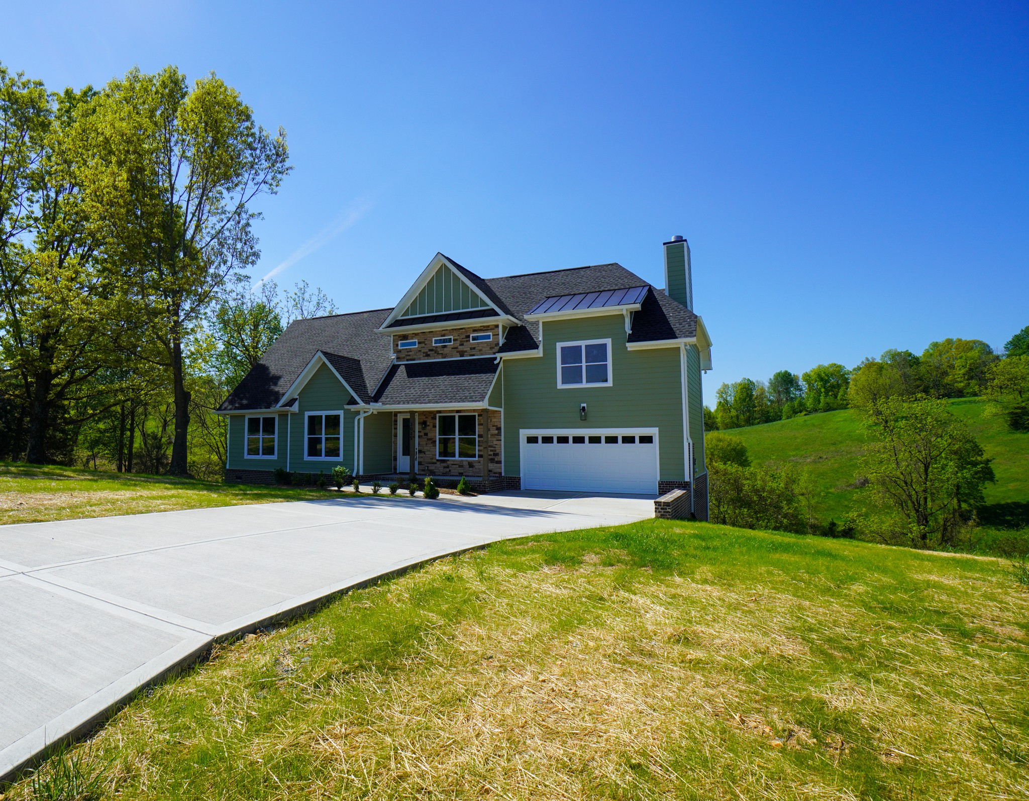 a front view of a house with yard and green space