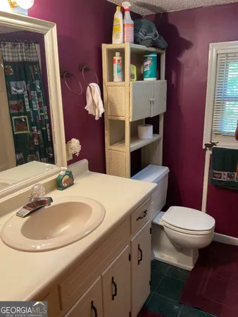 a bathroom with a sink vanity mirror and toilet