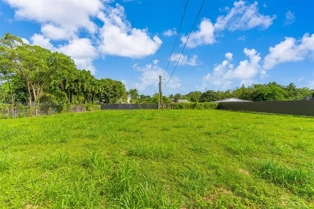 a view of a grassy field with an trees