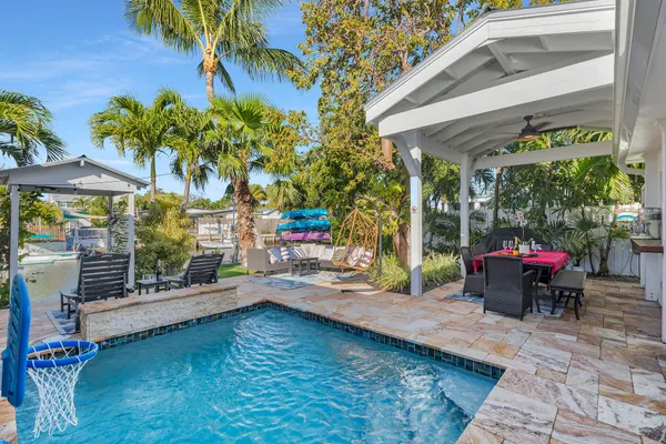 an outdoor space with seating