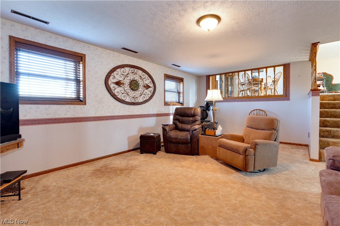 5419 Camp Road Ravenna, OH 44266 - Photo 22 of 32 Living area featuring a textured ceiling and light carpet