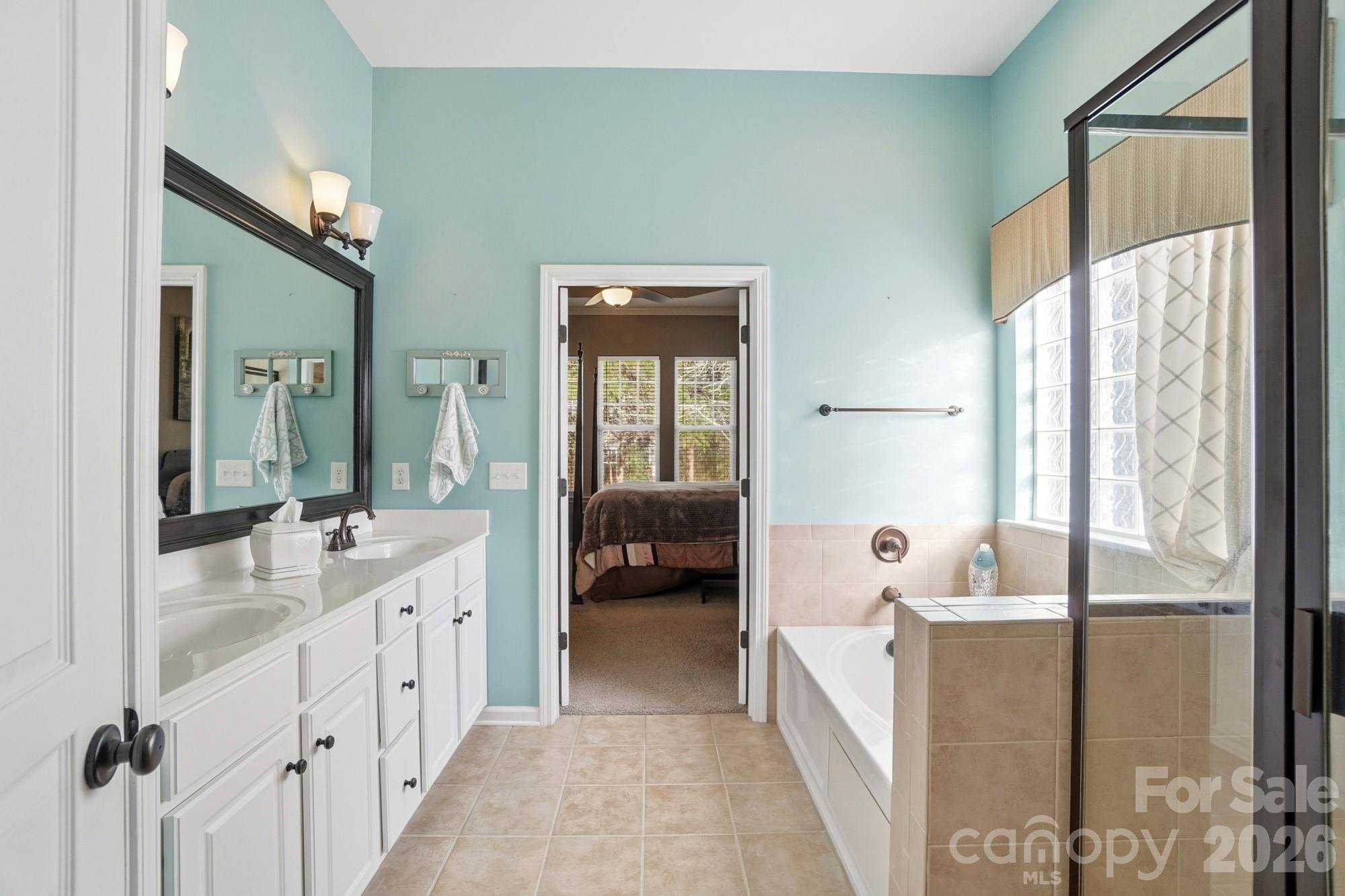 425 Silver Cypress Lane Fort Mill, SC 29708 - Photo 20 of 40 a bathroom with a double vanity sink and mirror with bathtub
