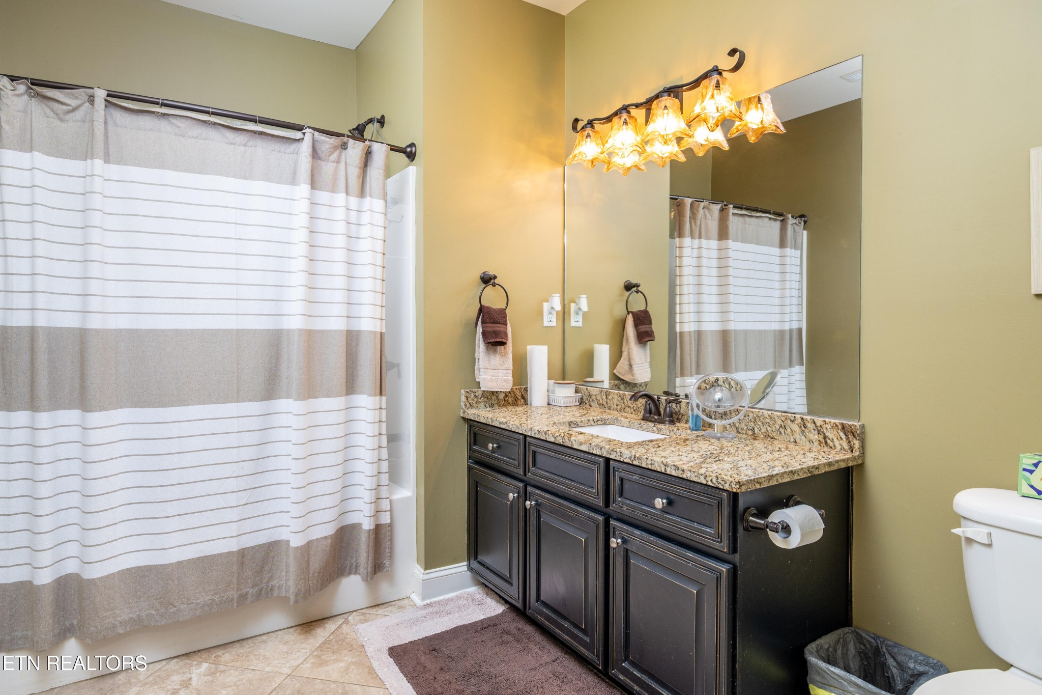 331 Centennial Bluff Boulevard Oak Ridge, TN 37830 - Photo 12 of 12 a bathroom with a granite countertop sink a toilet a mirror and shower curtain