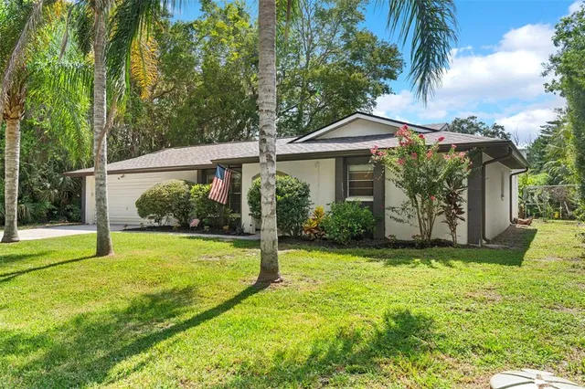 a view of a house with a yard and potted plants