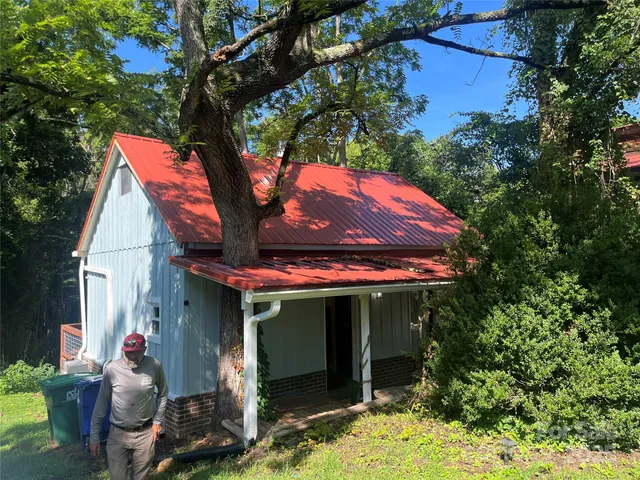 a view of a backyard with a tree