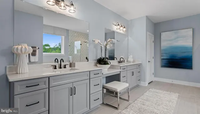 a bathroom with a double vanity sink a mirror and a shower