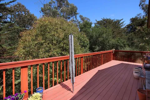 a backyard of a house with potted plants and a bench