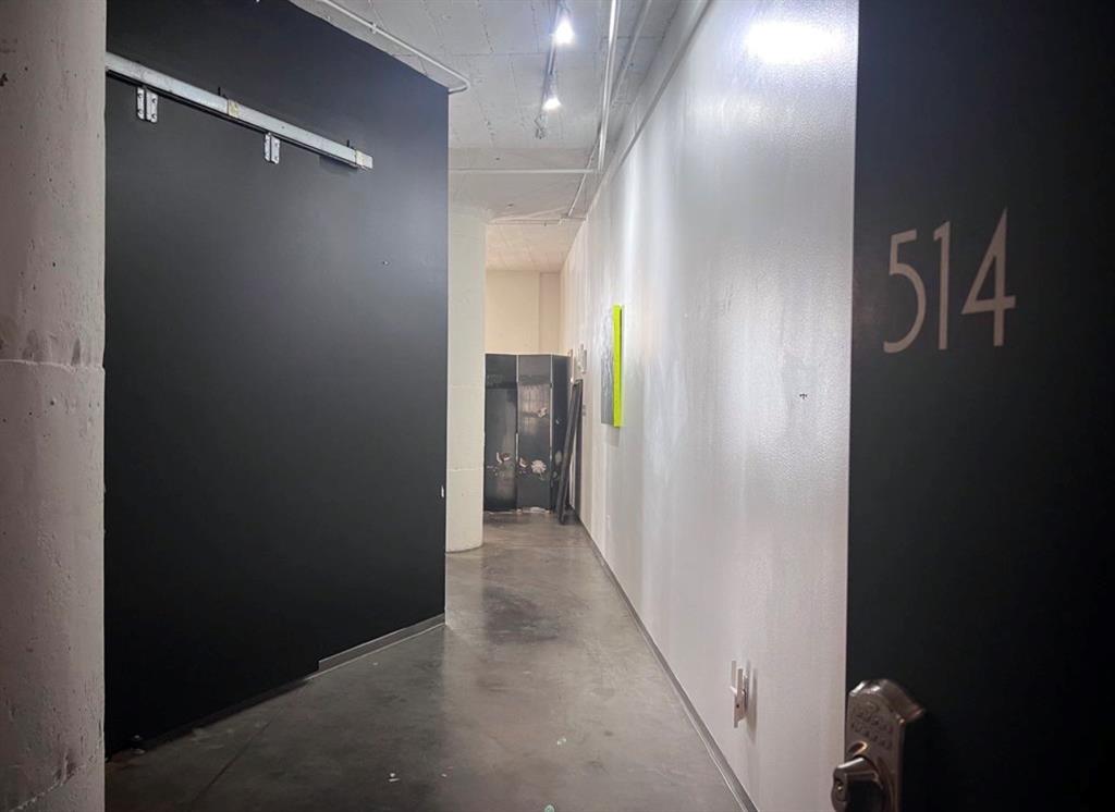 1122 Jackson Street, Unit 514 Dallas, TX 75202 - Photo 8 of 40 Hallway featuring track lighting, concrete flooring, and a barn door system