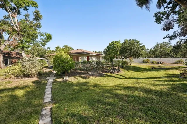a view of a park with large trees