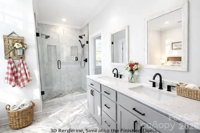 a bathroom with a tub sink and mirror