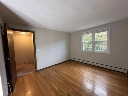a view of a swimming pool with a bench and trees around