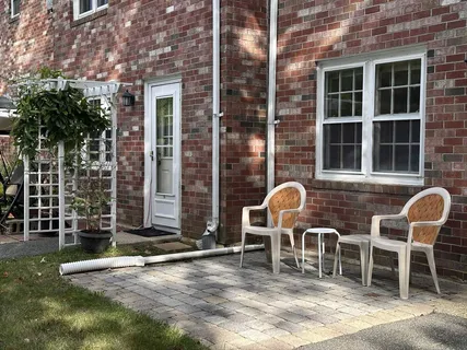 a view of a garden with a bench in a park