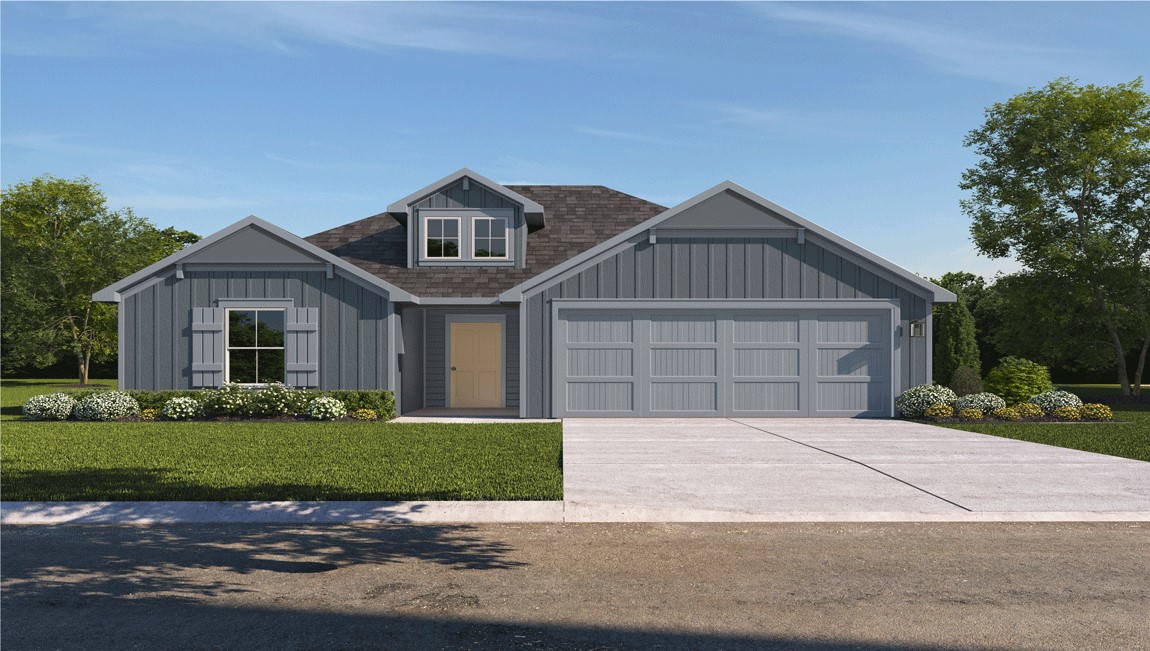 Contemporary facade featuring board and batten siding, a single dormer, and a two-car garage