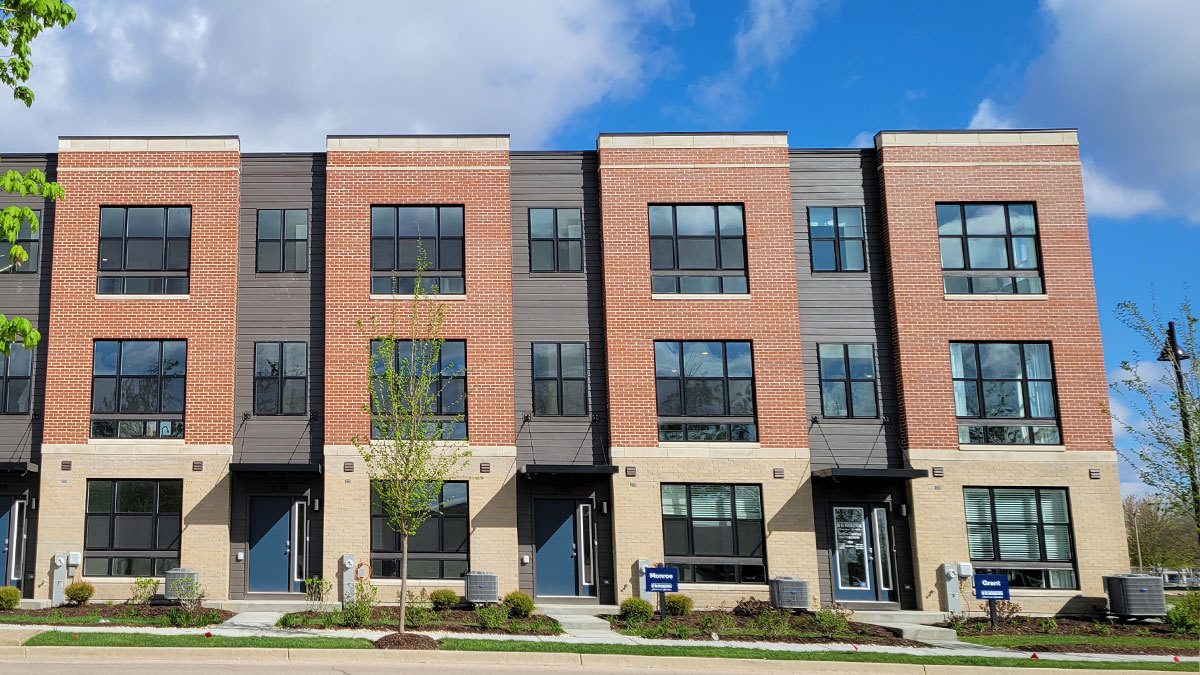 a front view of a multi story building