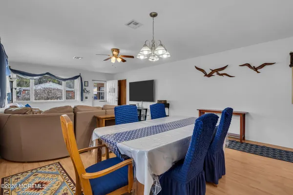 a view of a dining room with furniture