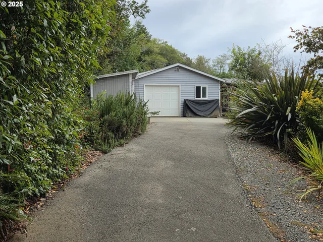 a view of a house with a small yard and a large tree