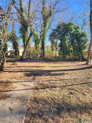 a view of a yard with an empty space and trees