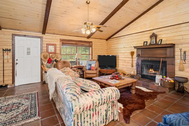 a view of a livingroom with furniture and a fireplace
