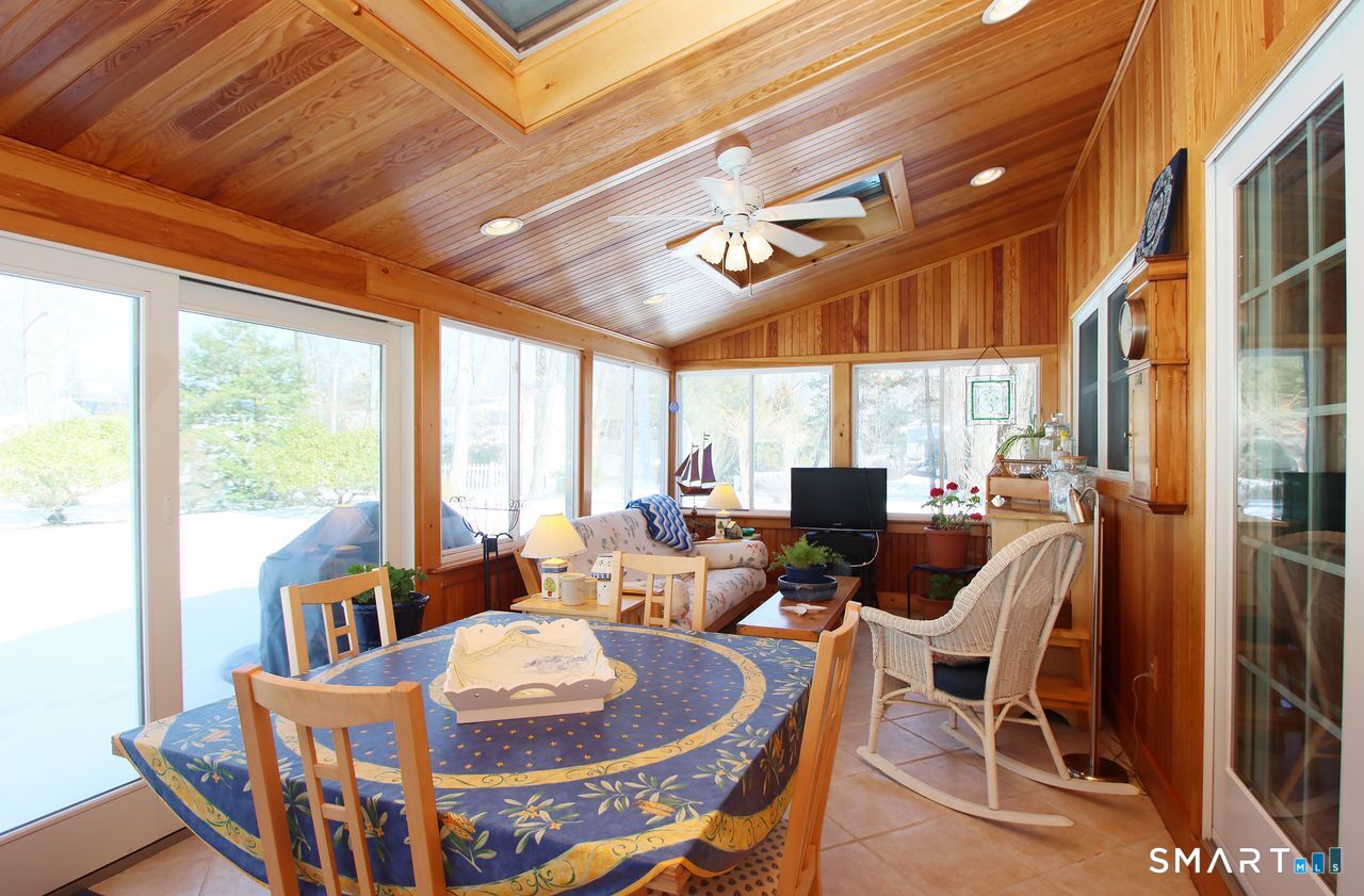7 Old Forge Road North Haven, CT 06473 - Photo 22 of 40 a dining room with furniture a flat screen tv and outdoor view