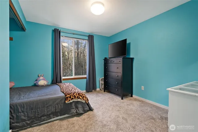 a bedroom with a bed and a television