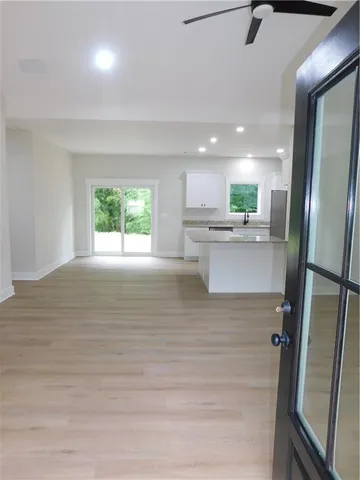 a view of a kitchen with a window