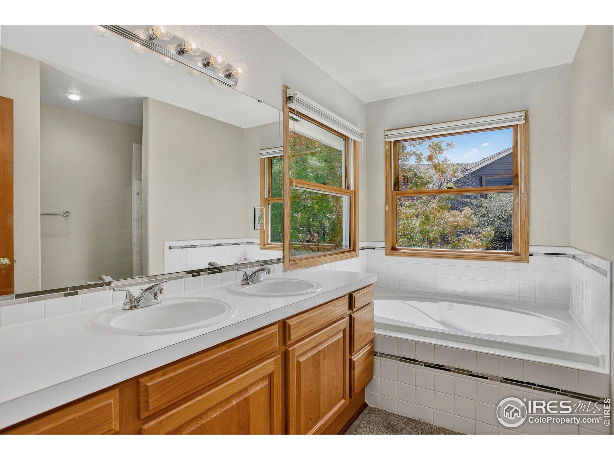 1840 Red Cloud Road Longmont, CO 80504 - Photo 18 of 42 a bathroom with a granite countertop sink a large mirror a bathtub and window