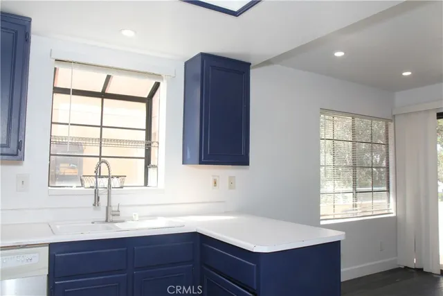 a kitchen with a sink and windows