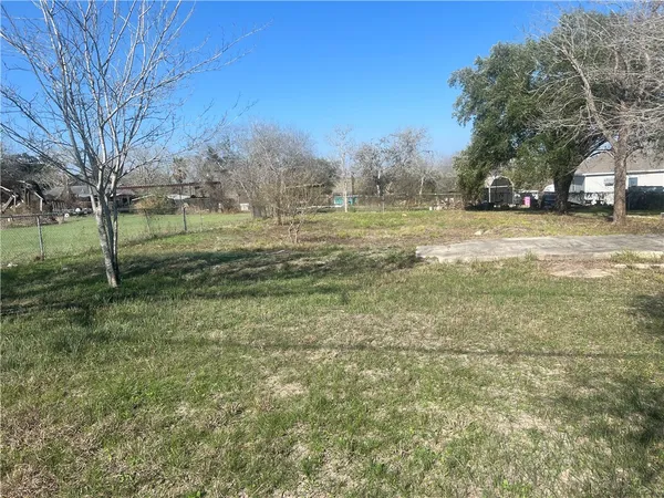 a view of dirt field with trees