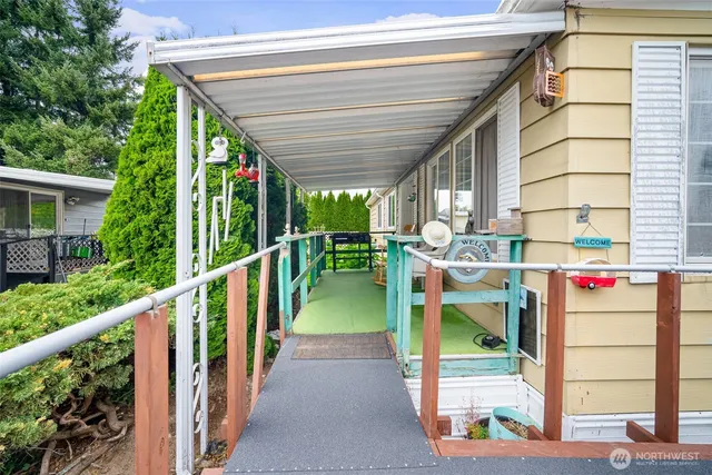 a view of a porch with garden
