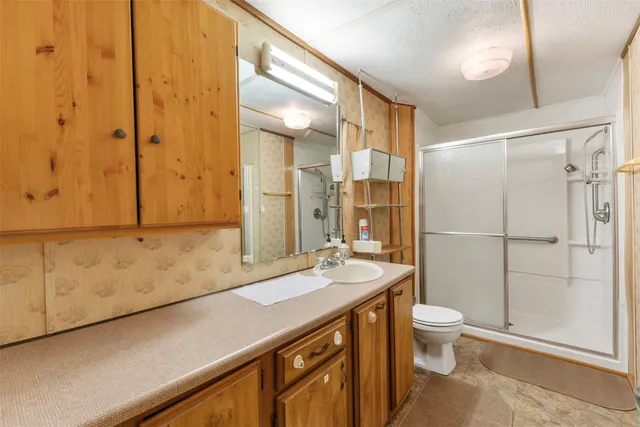 a bedroom with a large bed and a chandelier