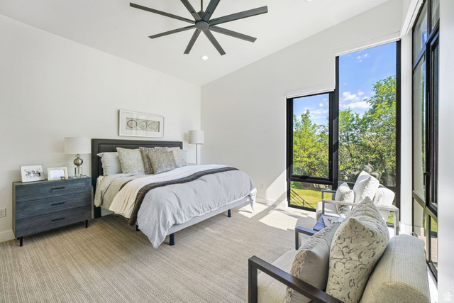 3667 Little Cottonwood Road, Unit 1 Sandy, UT 84092 - Photo 18 of 49 Room featuring a vaulted ceiling with a modern ceiling fan, recessed lighting, and wall-to-wall carpeting