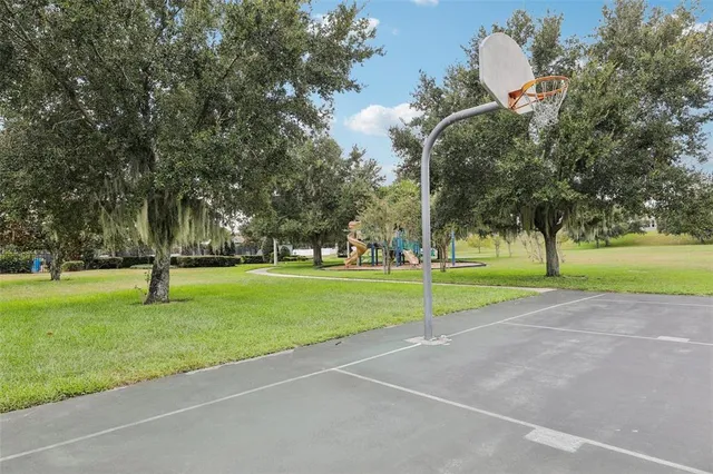 a view of a park with a slide