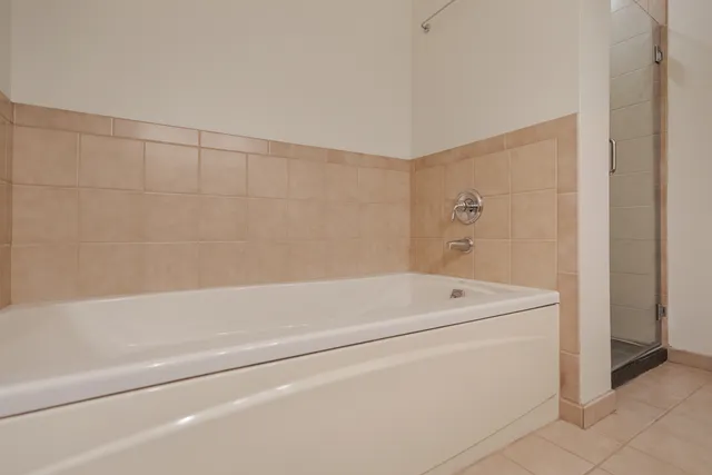 a bathroom with a bathtub and a shower