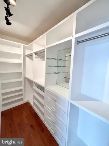 a view of walk in closet with empty racks