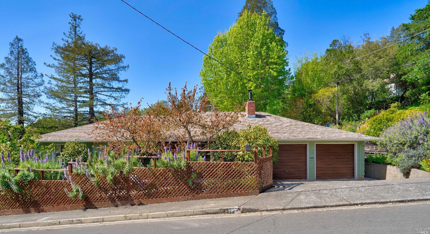 a view of a house with a yard and potted plants