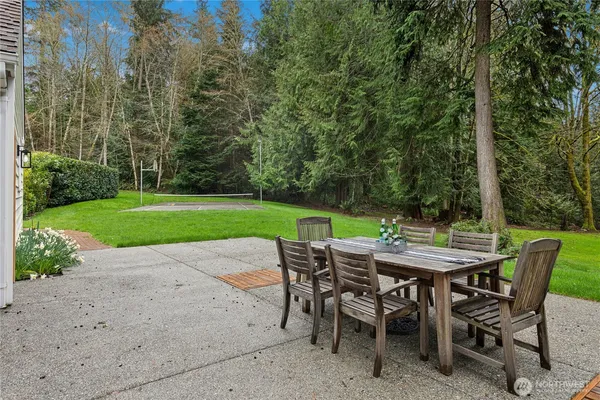 a table and chairs with the view of trees