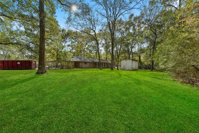 a view of a backyard with a small cabin