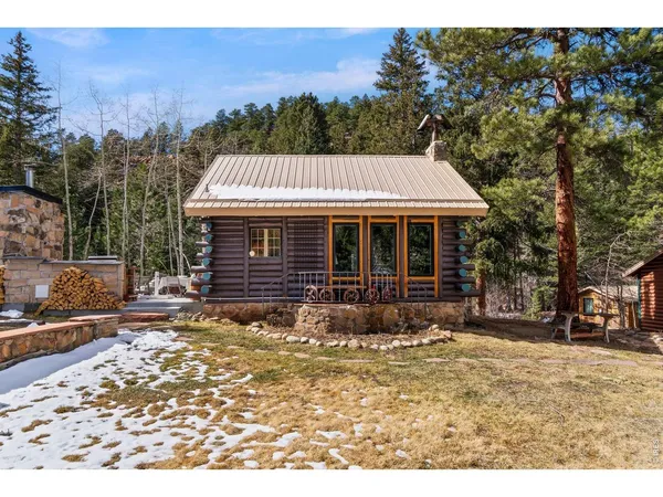 a front view of a house with a yard covered with snow and trees