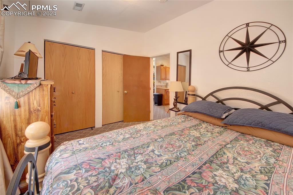68 Valley Road Divide, CO 80814 - Photo 15 of 38 Tiled bedroom with ensuite bath, vaulted ceiling, and multiple closets