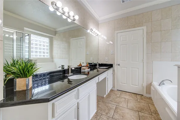 a bathroom with a sink a faucet a potted plant and a mirror