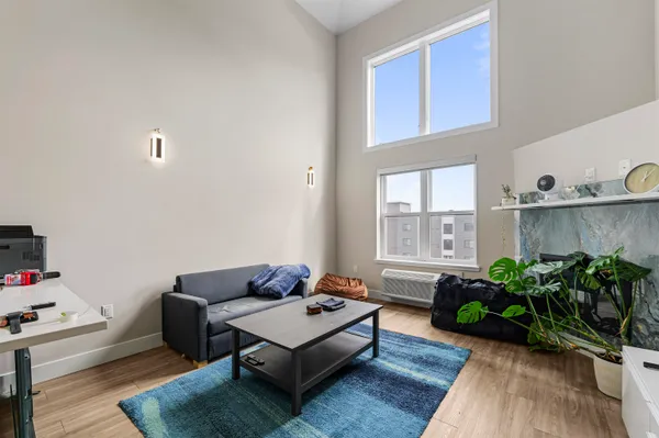 a living room with furniture and a potted plant
