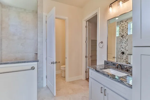 a bathroom with a granite countertop sink a mirror and a shower