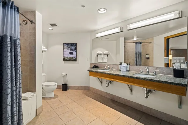 a spacious bathroom with a double vanity sink a toilet a mirror and shower