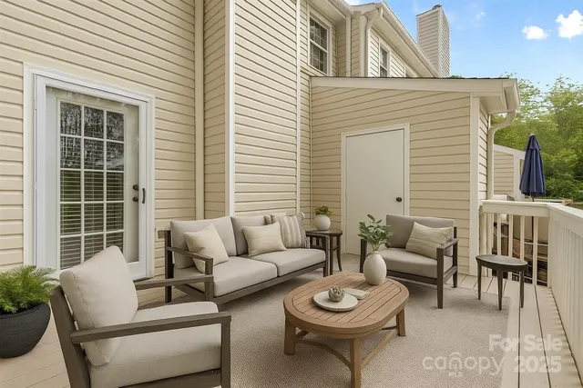 a view of a patio with couches and a potted plant on a table