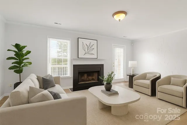 a living room with furniture and a fireplace