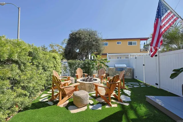 a view of a chairs and table in backyard