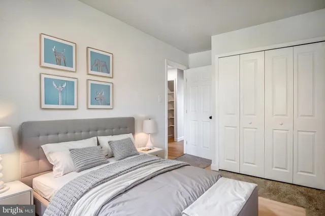 a bedroom with a bed and a closet