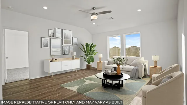 a living room with furniture a large window and a table