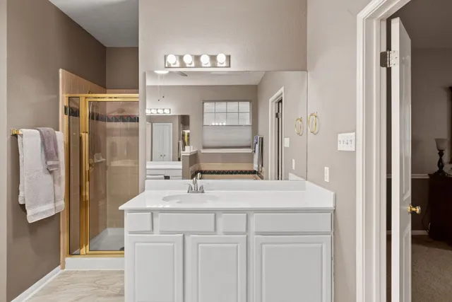 a bathroom with a sink a mirror and a shower